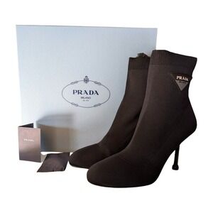 Prada Black Sock Ankle Boots Stiletto Heel Logo Triangle Women's Size 39.5 Italy
